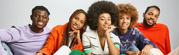 African american people in casual attire spending time together on grey backdrop, Juneteenth banner — Stock Photo