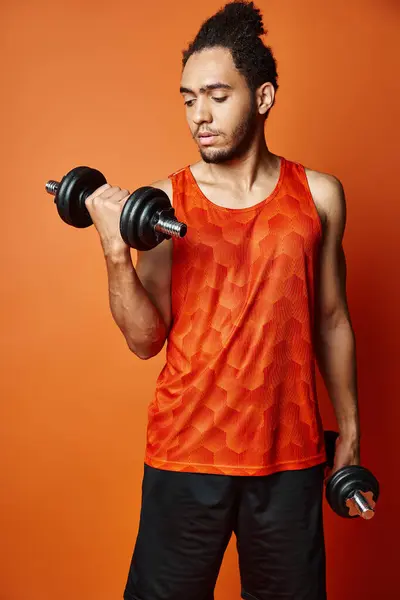Jolly athletic african american man in sportwear with arms akimbo smiling joyfully at camera, banner — Stock Photo