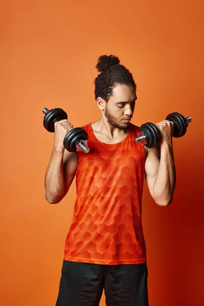 Jolly athletic african american man in sportwear with arms akimbo smiling joyfully at camera, banner — Stock Photo