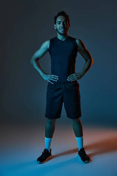 Jolly athletic african american man in sportwear with arms akimbo smiling joyfully at camera, banner — Stock Photo