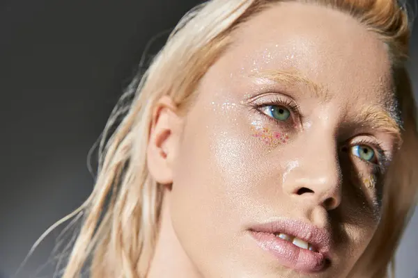 Retrato de hermosa modelo femenina con brillo en la cara y ojos verdes posando y mirando hacia otro lado — Stock Photo