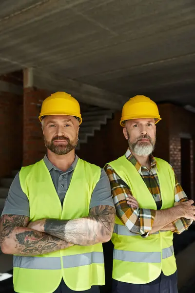 Dos hombres barbudos de buen aspecto en chalecos de seguridad y cascos mirando a la cámara, constructores de cabañas - foto de stock
