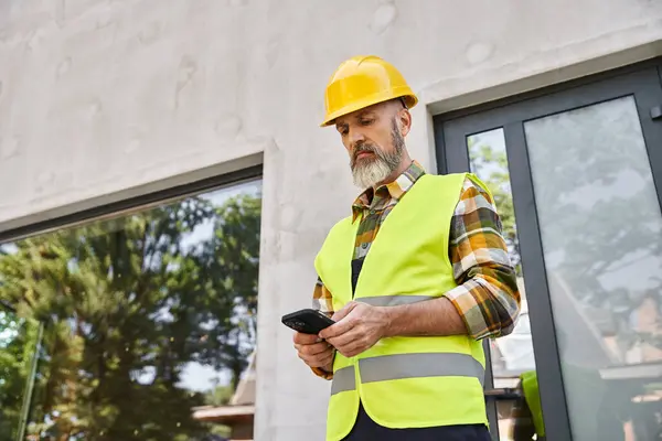 Hombre guapo pensativo en chaleco de seguridad mirando su teléfono mientras que en el sitio de construcción, constructor de casa - foto de stock