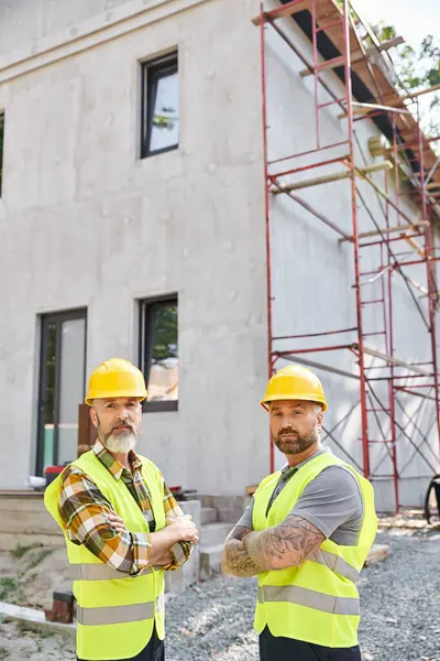 Good looking cottage builders in safety helmets posing next to scaffolding and looking at camera — Stock Photo