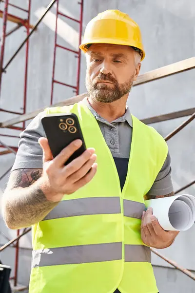 Plano vertical de trabajador de la construcción guapo con plano mirando el teléfono, constructor de casa - foto de stock