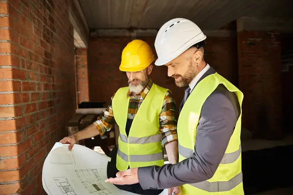 Cheerful cottage builder and businessman in safety vests discussing blueprint on construction site — Stock Photo