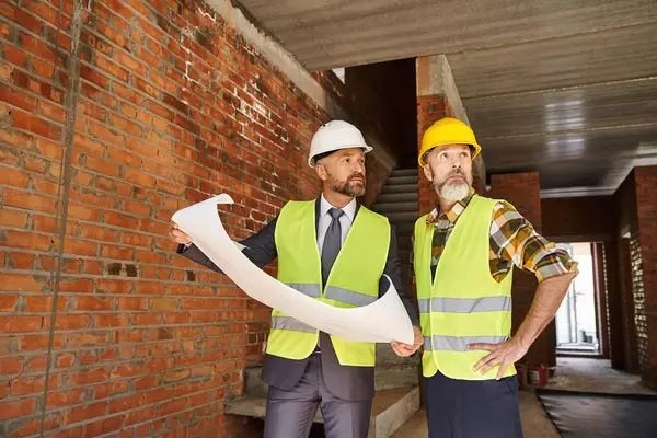 Handsome bearded cottage builder and architect working on construction site with blueprint — Stock Photo