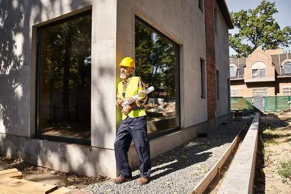 Good looking dedicated cottage builder in safety gear with blueprint and posing on construction site — Stock Photo
