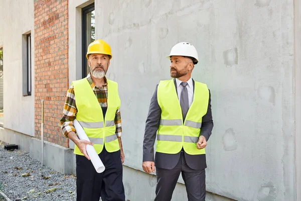Dedicated bearded cottage builder and architect with blueprint discussing construction process — Stock Photo