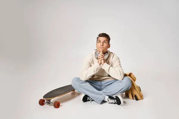Hopeful student in headphones sitting with backpack and skateboard and folding hands together — Stock Photo