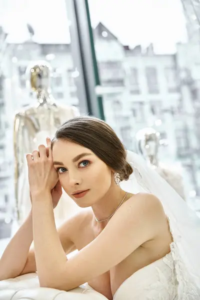 A young brunette bride in a flowing white wedding dress reclines gracefully on a luxurious bed in a bridal salon. — Stock Photo