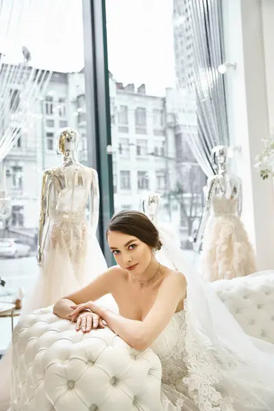 A young brunette bride in a wedding dress seated on a bench in front of a window. — Stock Photo