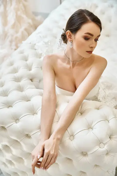 Молода брюнетка наречена в незайманій білій сукні елегантно сидить на плюшевому ліжку в весільному салоні, випромінюючи позачасову красу. — стокове фото