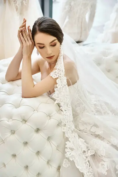 A young brunette bride in a wedding dress lays gracefully on a plush sofa in a luxurious bridal salon. — Stock Photo
