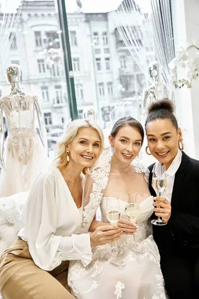 Разнообразная группа женщин, одетых элегантно, стоят вместе, держа бокалы вина в честь свадьбы — стоковое фото