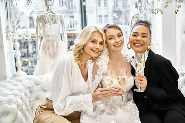 Young brunette bride in wedding dress, middle-aged blonde mother pose with champagne glasses in bridal salon. — Stock Photo