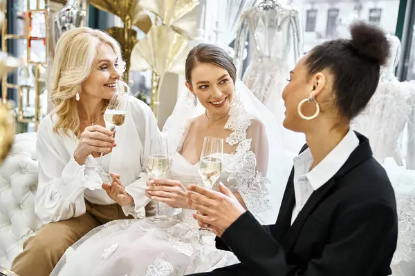 Eine junge brünette Braut im Brautkleid sitzt neben ihrer blonden Mutter und Freundin mittleren Alters in einem Brautsalon. — Stockfoto