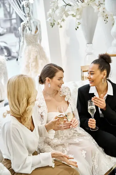 Une jeune mariée dans une robe de mariée assise à côté de sa mère d'âge moyen et amie dans un salon de mariée — Photo de stock