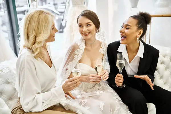 A young brunette bride in a wedding dress and her middle-aged blonde mother sit next to each other in a bridal salon. — Stock Photo