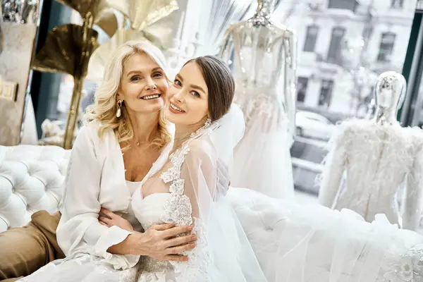 Une jeune mariée brune et sa mère blonde d'âge moyen s'assoient ensemble dans des robes de mariée dans un salon de mariée. — Photo de stock