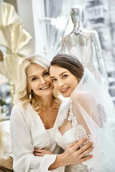 Une jeune mariée brune dans une robe de mariée se tient à côté de sa mère blonde d'âge moyen dans un salon de mariée. — Photo de stock