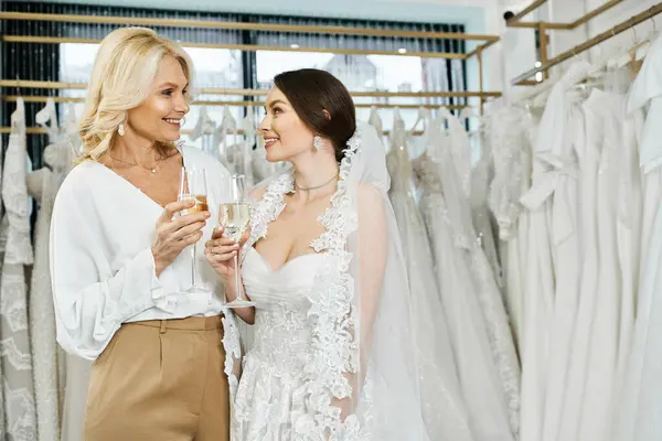 Молодая брюнетка невеста в свадебном платье и ее мать средних лет, стоящая вместе в свадебном салоне. — стоковое фото