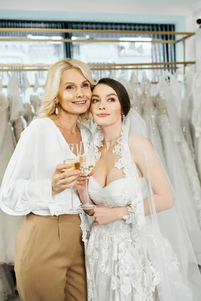 Uma jovem noiva em um vestido de noiva e sua mãe, ambos segurando taças de champanhe, ficam ao lado um do outro em um salão de noivas. — Fotografia de Stock