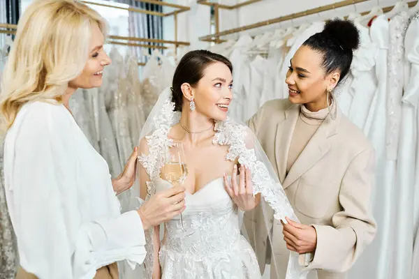 Una joven novia, su madre y su dama de honor están en un salón de novias junto a un estante de vestidos, examinando sus opciones. - foto de stock