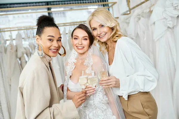Young bride, middle-aged mother, and bridesmaid in bridal salon, stand holding champagne glasses. — Stock Photo