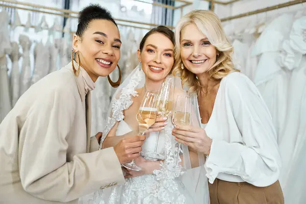 Une jeune mariée dans une robe de mariée, sa mère d'âge moyen, et sa meilleure amie comme demoiselle d'honneur, debout côte à côte tenant des verres à vin. — Photo de stock
