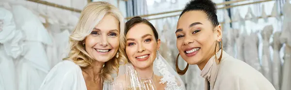 Una joven novia en un vestido de novia, su madre de mediana edad, y su mejor amiga como dama de honor se unen en un salón de novias. - foto de stock