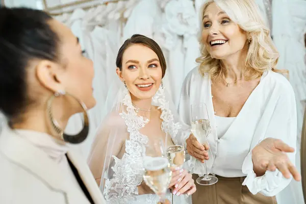 Una joven novia con un vestido de novia, su madre de mediana edad, y una dama de honor en un salón de novias, sosteniendo copas de vino. - foto de stock