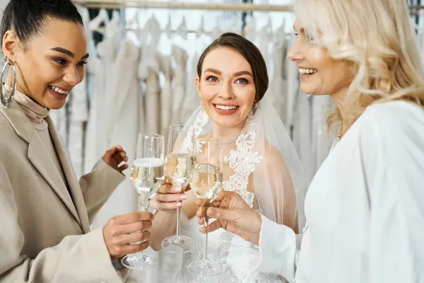 A young brunette bride in a wedding dress, her middle-aged mother, and her best friend as a bridesmaid, holding wine glasses in a bridal salon. — Stock Photo