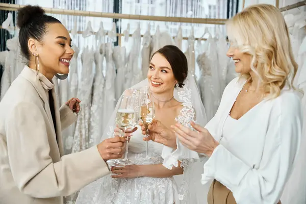 Группа женщин, в том числе молодая невеста, ее мать средних лет, и подружка невесты, стоя вместе и держа бокалы вина. — стоковое фото