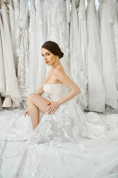 Una giovane, bella sposa in un abito da sposa bianco siede su un letto, trasudando eleganza e grazia. — Foto stock