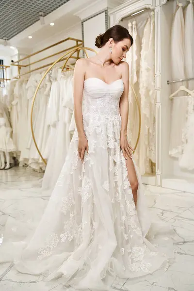 Noiva jovem cercada por uma variedade de vestidos brancos em um salão de casamento, fazendo uma seleção pensativa. — Fotografia de Stock