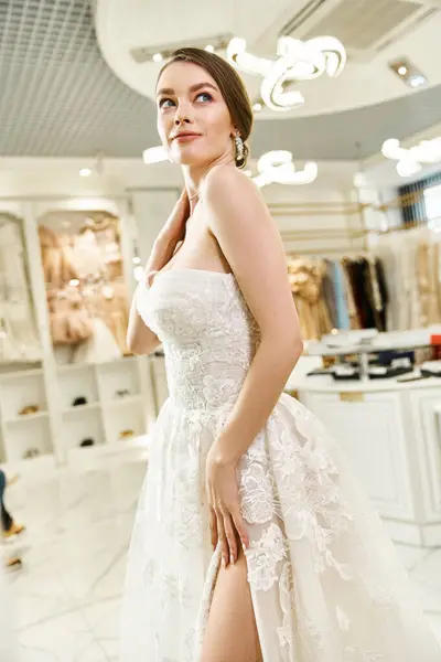 Молода брюнетка наречена позує в білій сукні, виключаючи елегантність і красу під час фотосесії у весільному салоні. — стокове фото