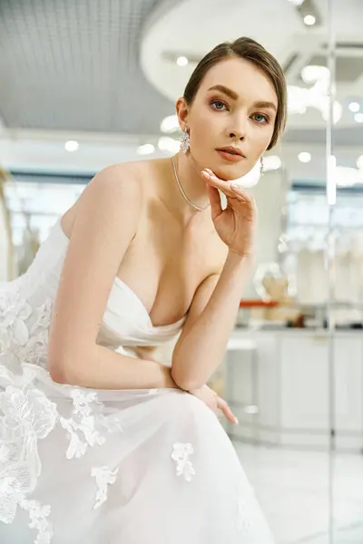 Una joven y hermosa novia morena posa graciosamente en su vestido blanco en el salón de bodas. - foto de stock