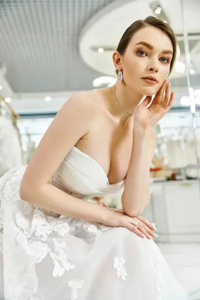 Una joven novia morena en un vestido blanco posando de verdad para una foto en un salón de bodas. - foto de stock