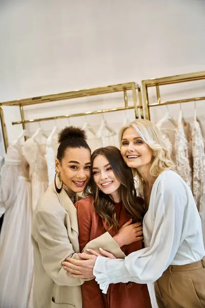 Three women, including a young bride, her mother, and best friend, standing in front of a rack of stunning wedding dresses. — Stock Photo