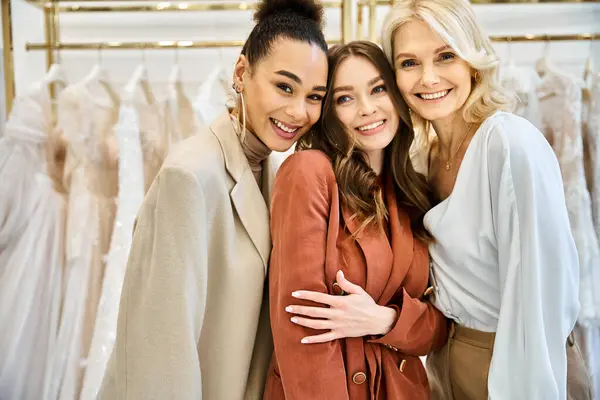 Dos mujeres, una joven novia y su madre, buscan vestidos con un amigo en una tienda, contemplando opciones para la próxima boda. - foto de stock