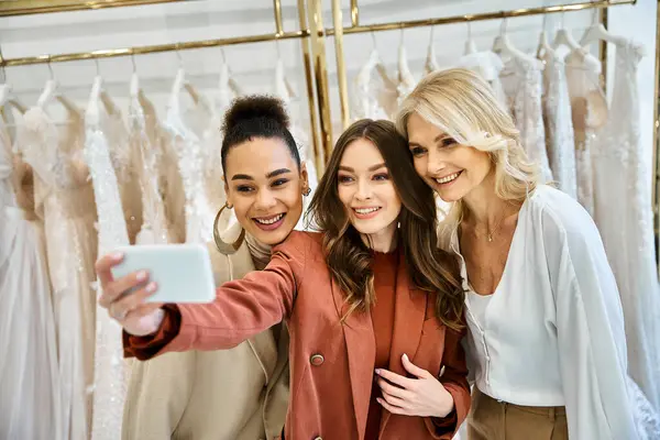 A young beautiful bride shops for her wedding dress with her mother and best friend, capturing the moment with a selfie. — Stock Photo
