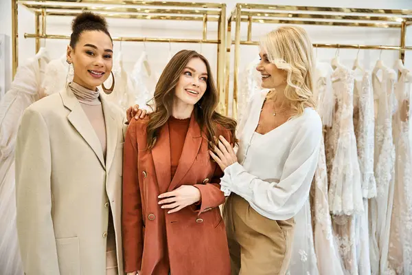 Une jeune mariée, sa mère et sa meilleure amie se tiennent près d'un créneau de robes, envisageant des choix pour la journée spéciale. — Photo de stock