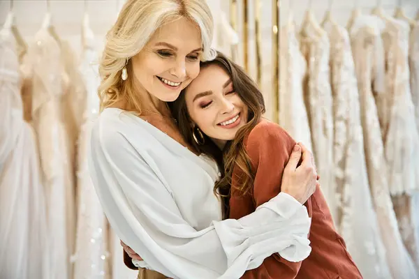 Duas mulheres abraçam na frente de uma prateleira de vestido de noiva, uma mais jovem e outra mais velha, compartilhando um momento especial ao comprar o vestido perfeito. — Fotografia de Stock