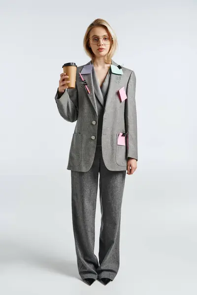 Young woman with glasses in stylish suit with stationary on it holding coffee and looking at camera — Stock Photo