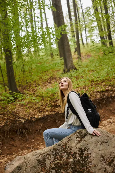 Femme blonde réfléchie en pull chaud assis sur un rocher dans la contemplation tranquille dans les paysages forestiers — Photo de stock