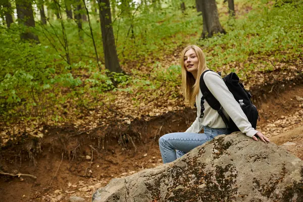 Sonriente mujer rubia relajada excursionista con suéter y mochila sentado en una roca en el paisaje del bosque - foto de stock