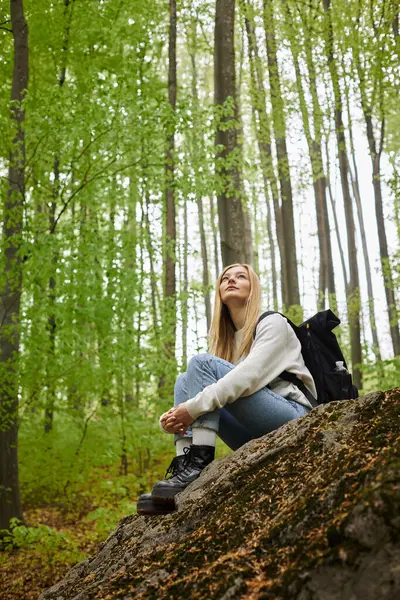 Foto de una excursionista abrazándose las piernas usando suéter, jeans y botas de senderismo sentada en el bosque - foto de stock
