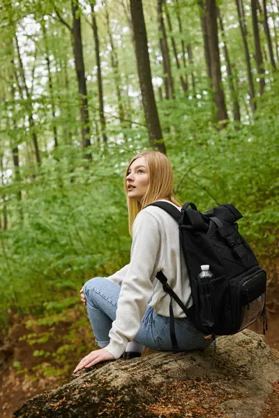Portrait arrière d'une blonde aventureuse en pull confortable découvrant une forêt pittoresque surplombant — Photo de stock