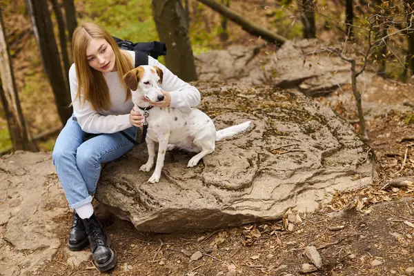Mujer rubia curiosa acariciando a su perro curioso mientras está sentado en la roca en el bosque, ambos mirando hacia otro lado - foto de stock
